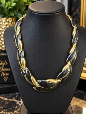 Trifari Gold and Black Leaf-Link Necklace